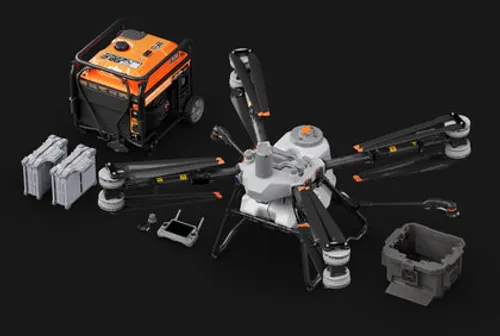 Kit DJI Agras T100 — drone, baterias, gerador DJI D14000iE, controle e dispersor de sólidos