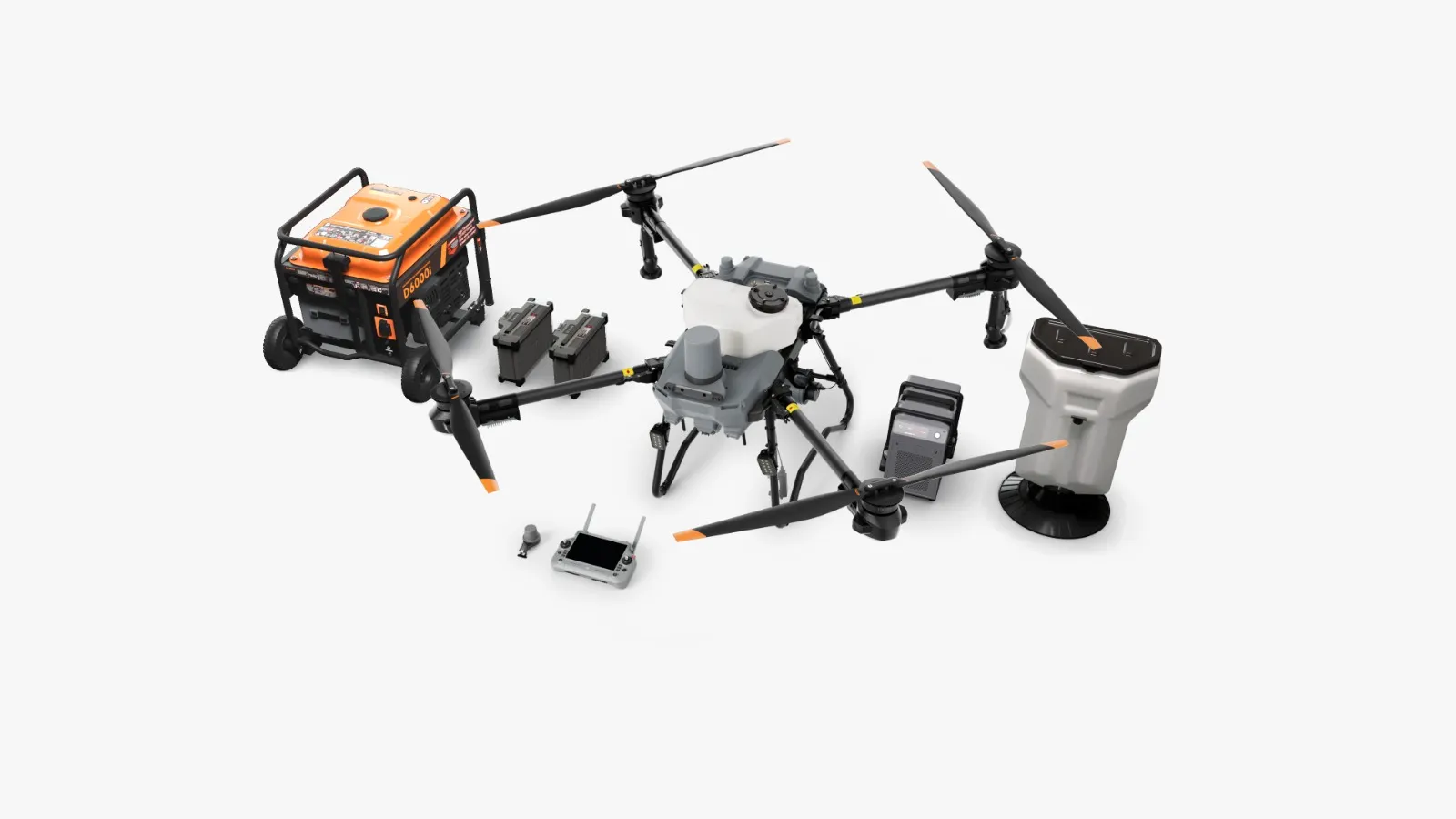 Kit DJI Agras T25P: drone, baterias, gerador DJI D6000i, controle e dispersor de sólidos