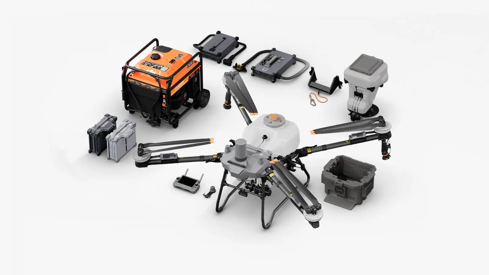 Kit DJI Agras T70P: drone, baterias, gerador DJI D14000iE, controle e dispersor de sólidos