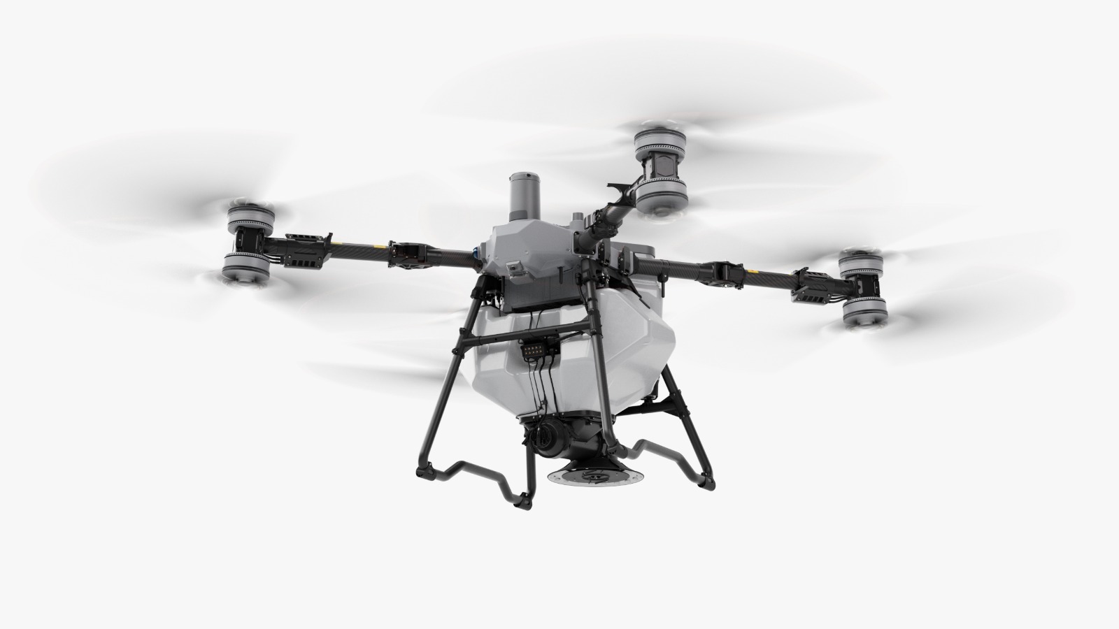 Drone agrícola DJI Agras em voo com hélices em movimento